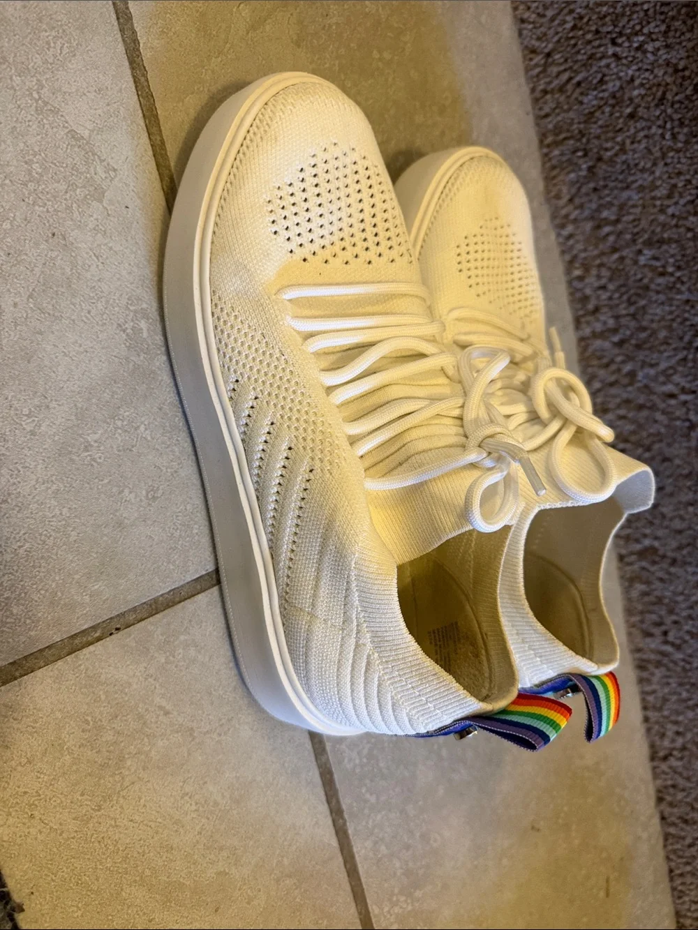 Steve Madden White Knit Lace-Up Sneakers with Rainbow Heel Tab